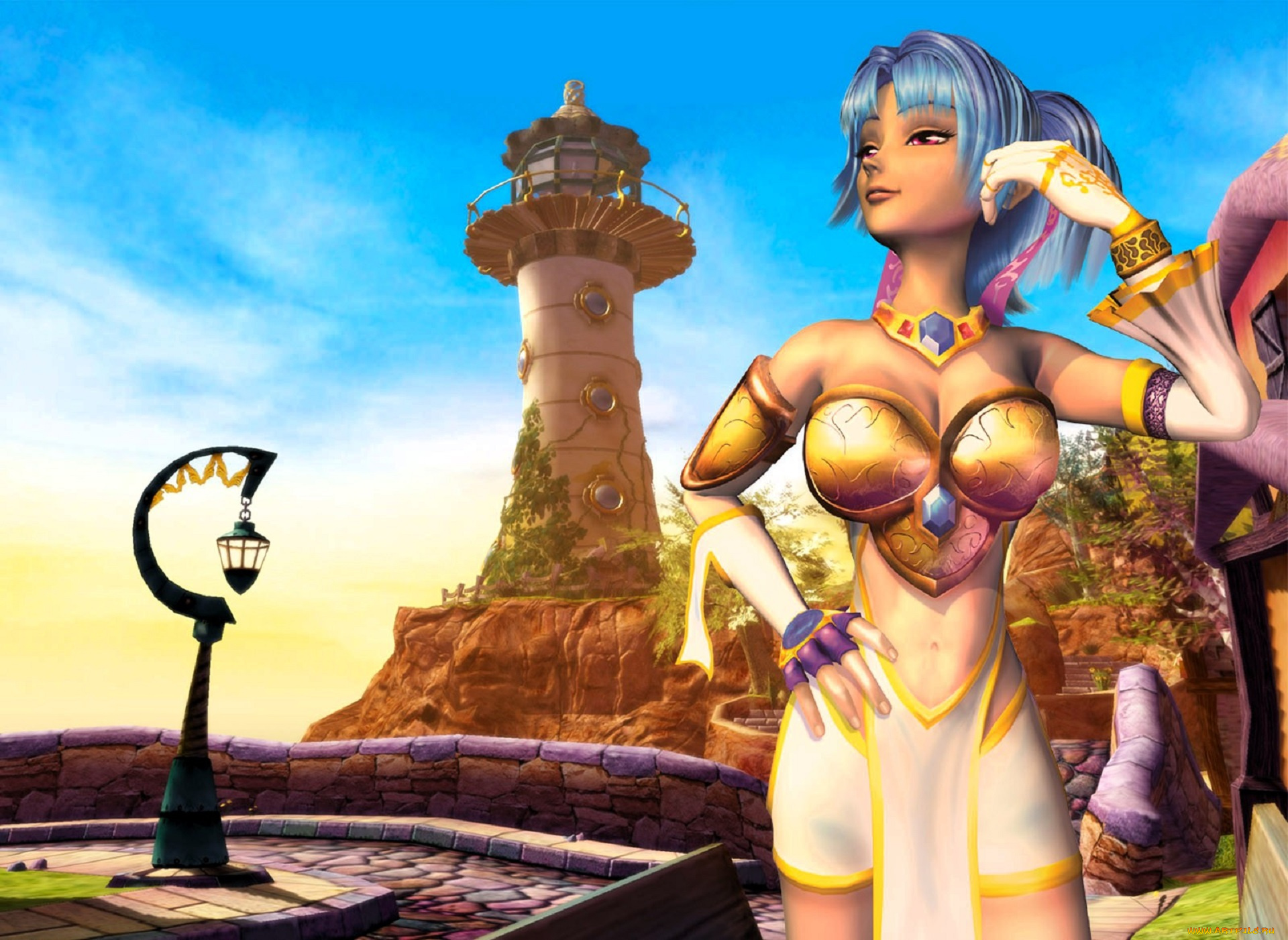 видео, игры, sudeki, девушка, наряд, парк, площадка, фонарь, башня