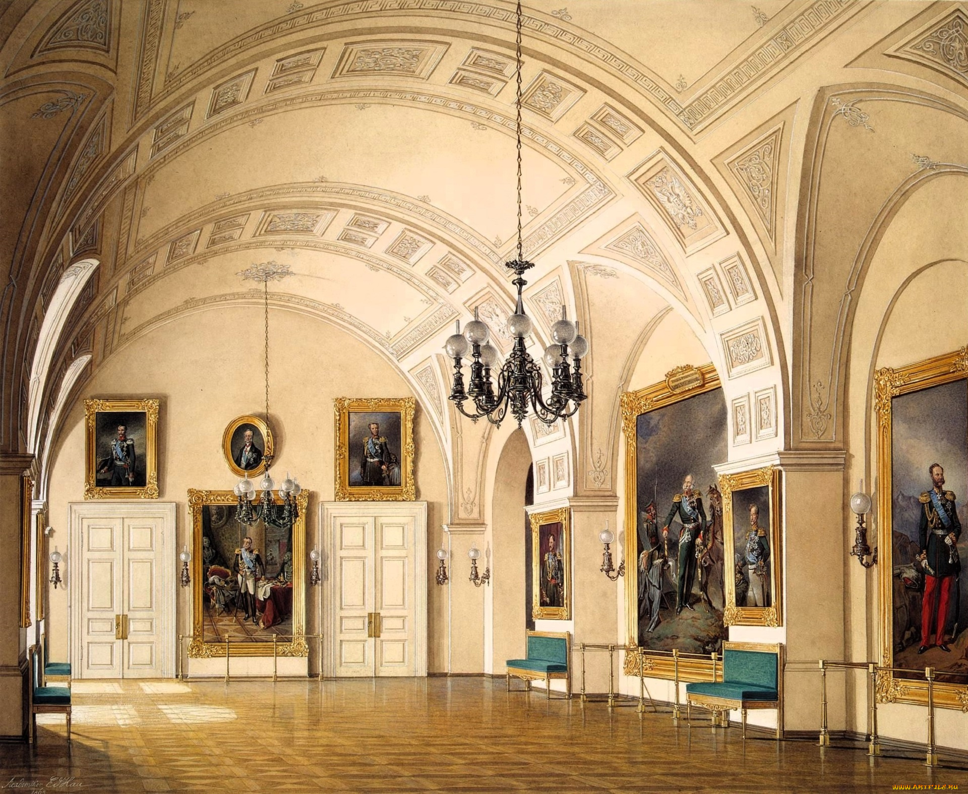 рисованное, эдуард, гау, дворец, интерьер, зал, свод, лепнина, люстра, картины