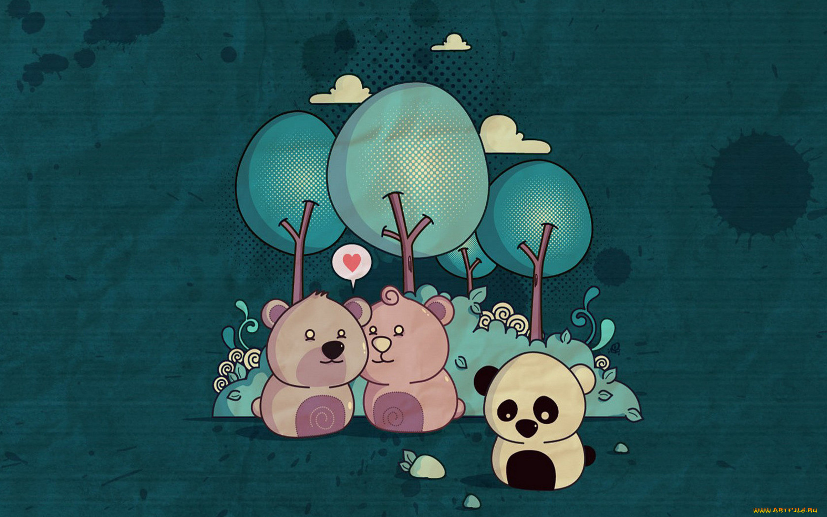 векторная, графика, облака, мишки, деревья