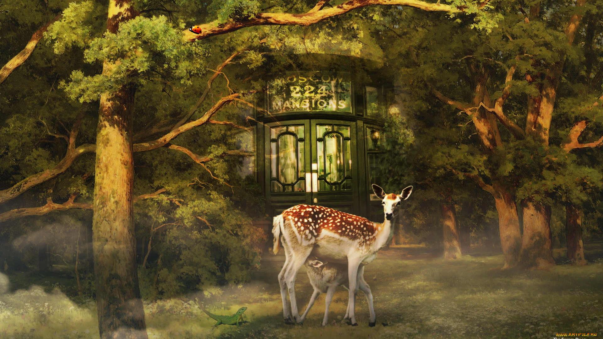 рисованные, животные, олени, дом, деревья, олень