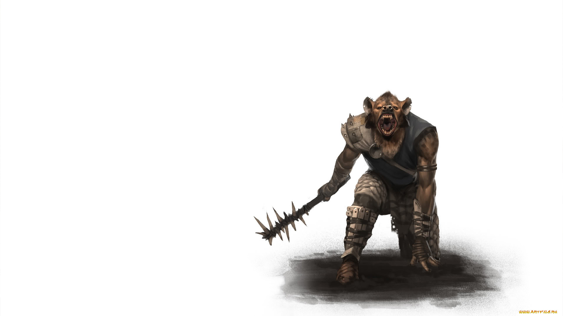 волк, фэнтези, существа, оружие, булава, дубина, воин, белый, фон