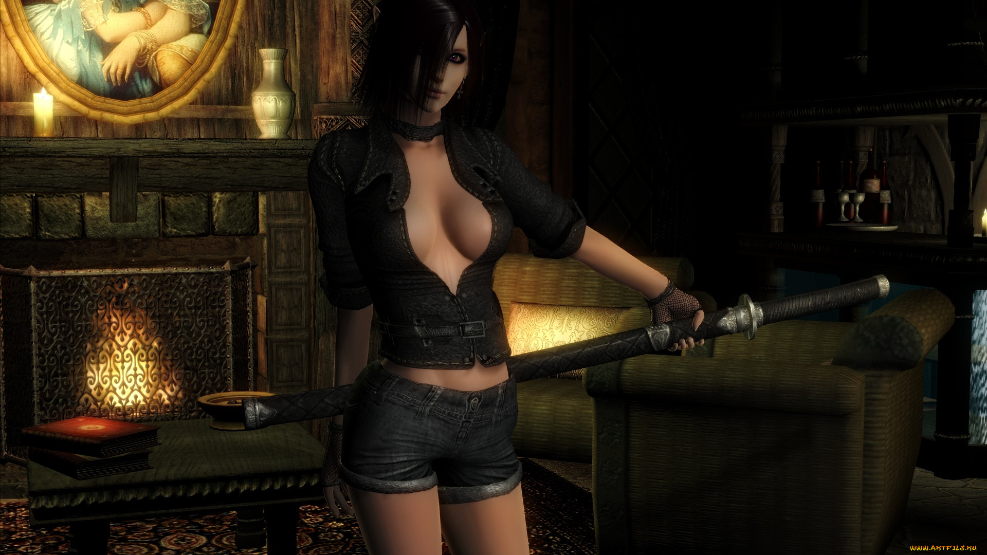 3д, графика, elves, эльфы, камин, эльфийка, меч