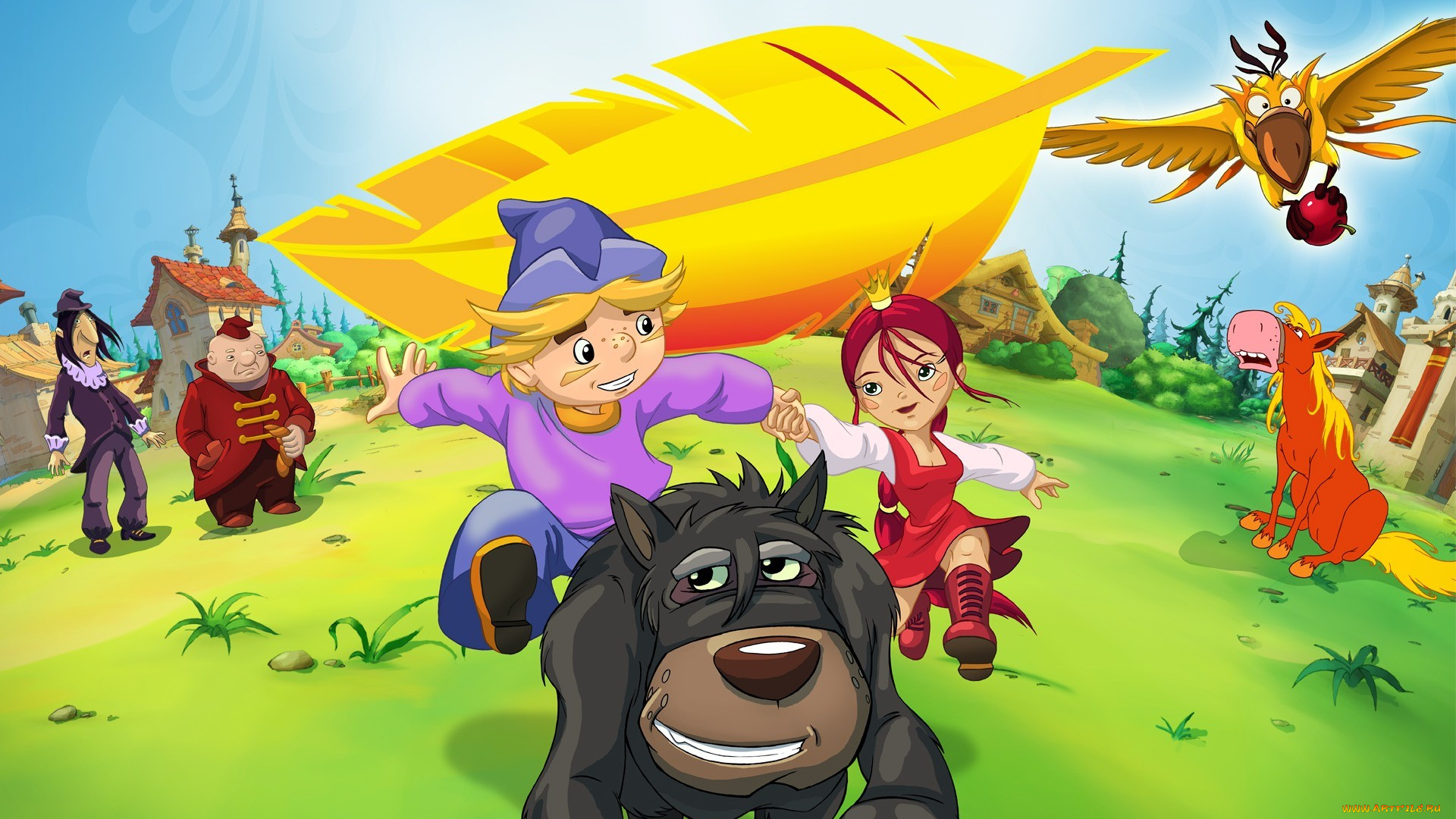 как, поймать, перо, жар, птицы, мультфильмы, волк, лошадь