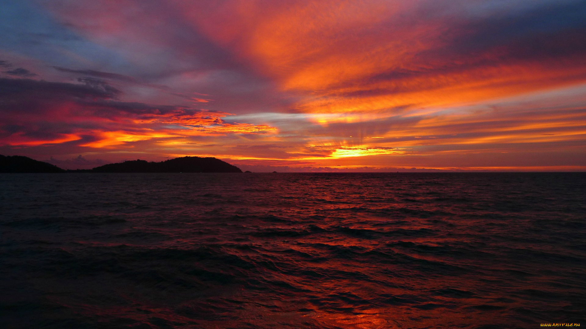 природа, восходы, закаты, тучи, небо, облака, красный, солнце, горизонт, море