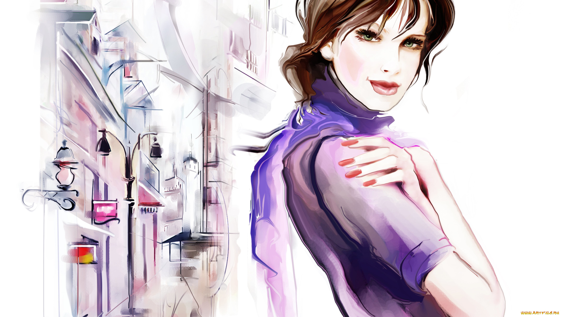 рисованные, люди, взгляд, рука, шарф, отражение, девушка, tatiana, nikitina, улица, фонарь, лужи, дома, волосы