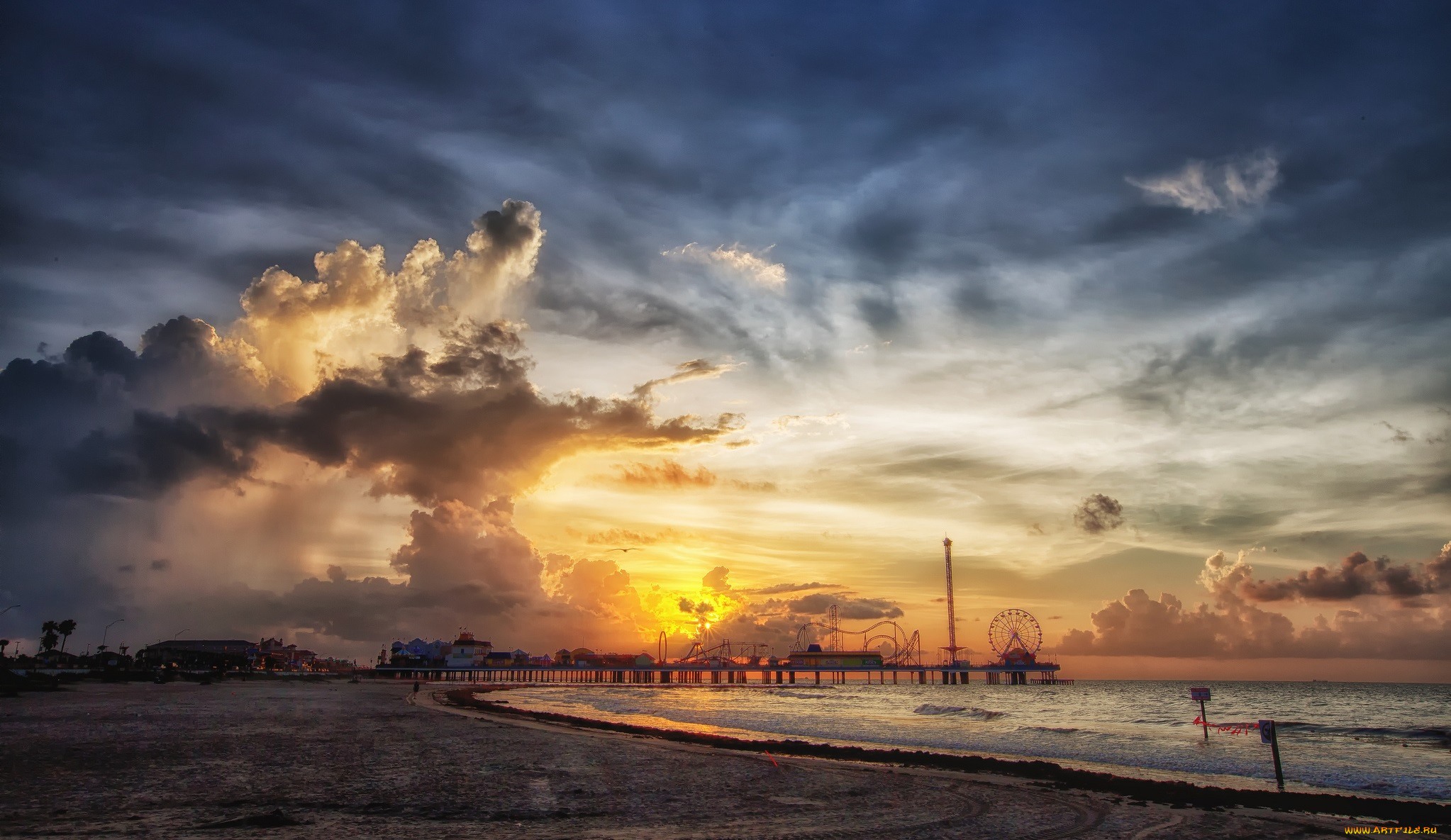 природа, восходы, закаты, тучи, пирс, береговая, линия, океан, закат