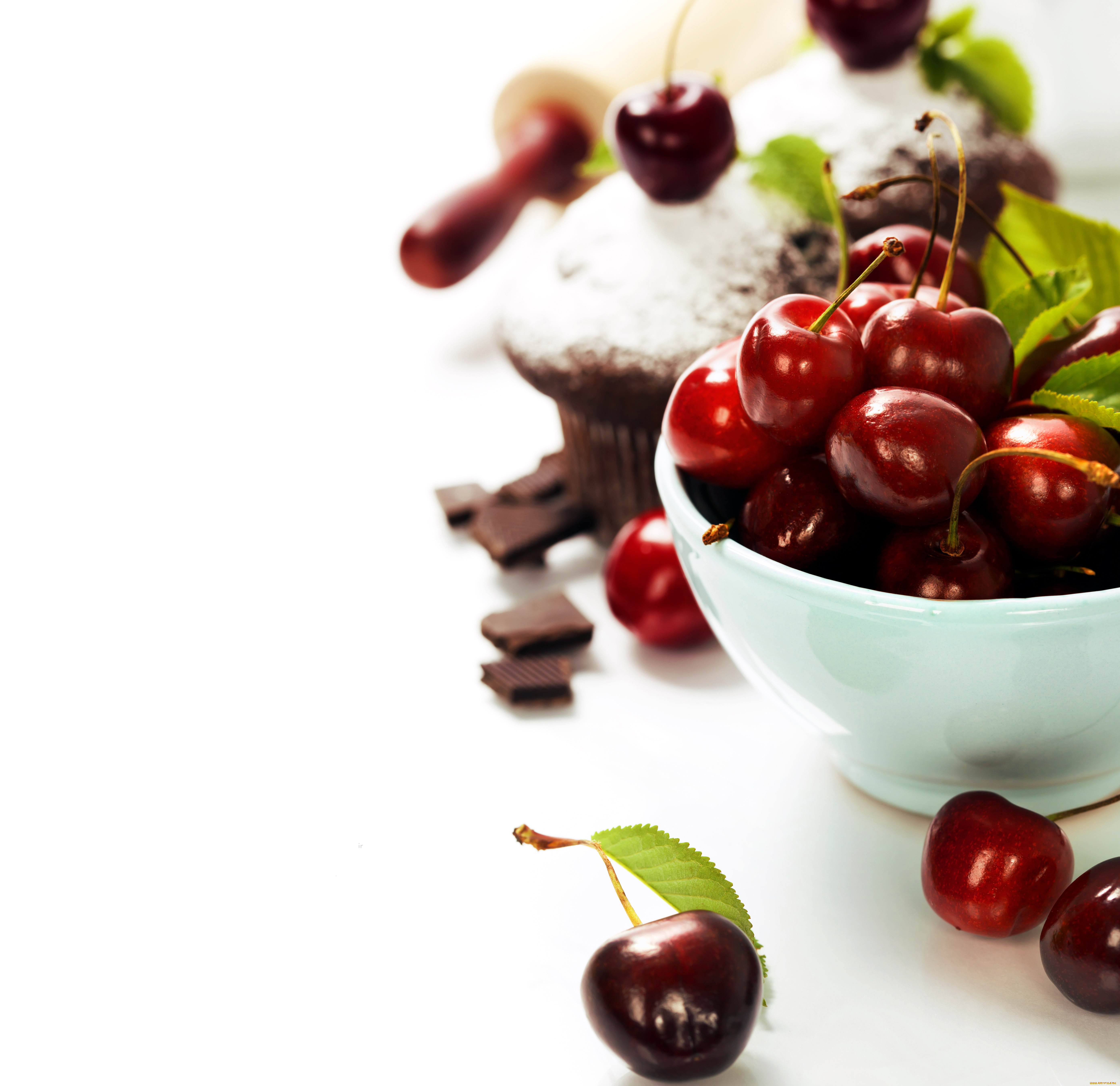 еда, вишня, черешня, маффин, миска