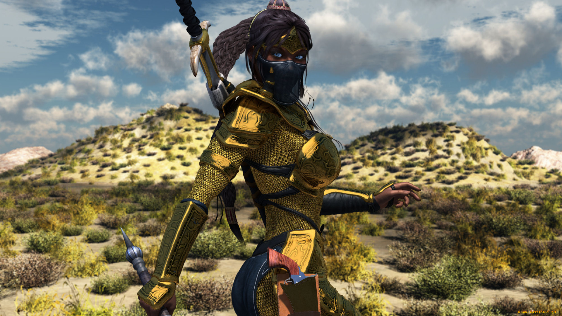 3д, графика, амазонки, , amazon, облака, небо, холмы, меч, фон, взгляд, девушка