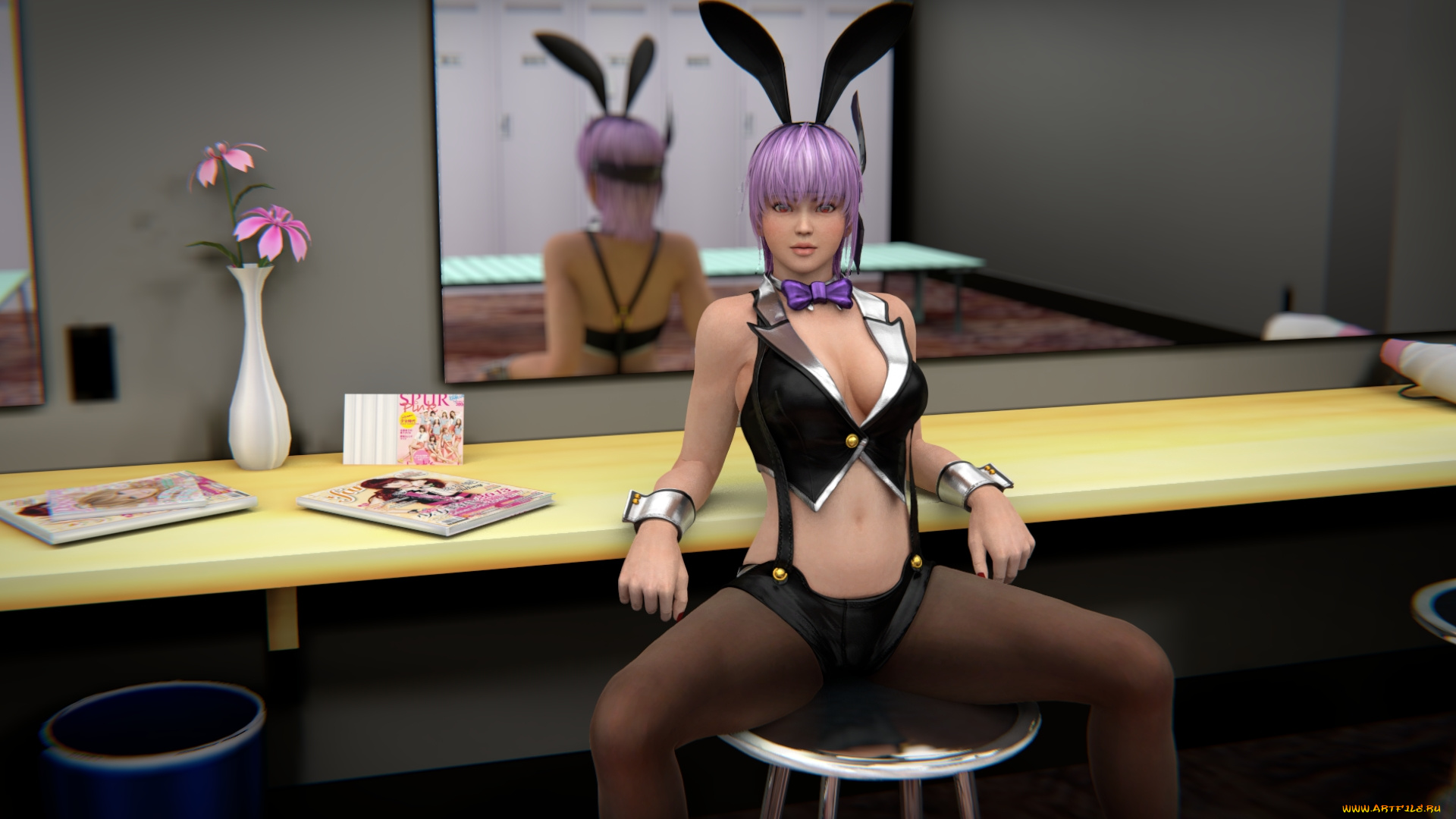 3д, графика, аниме, , anime, девушка, ушки, стол, фон, взгляд