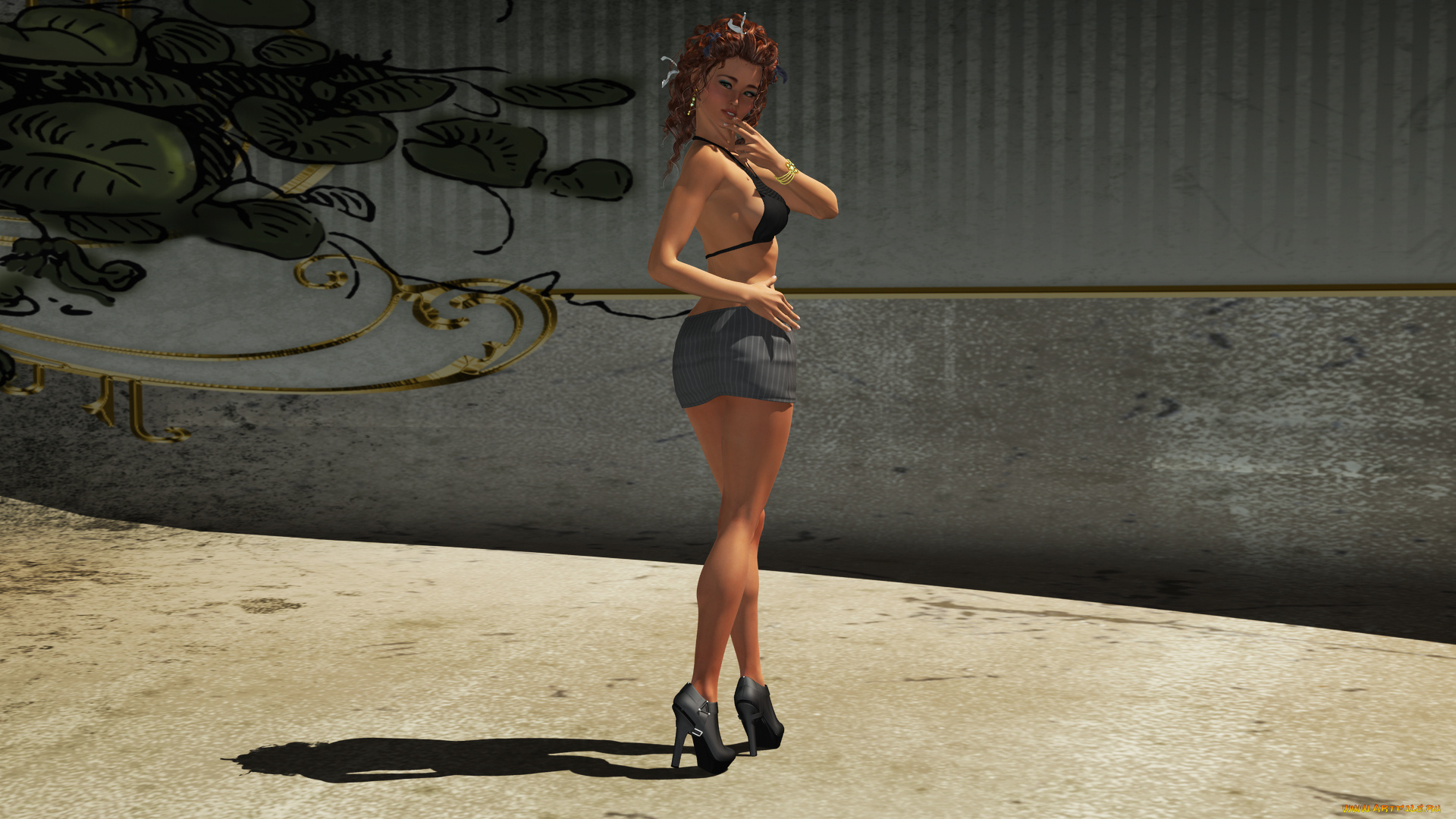 3д, графика, люди, , people, девушка, стена, юбка, фон, взгляд