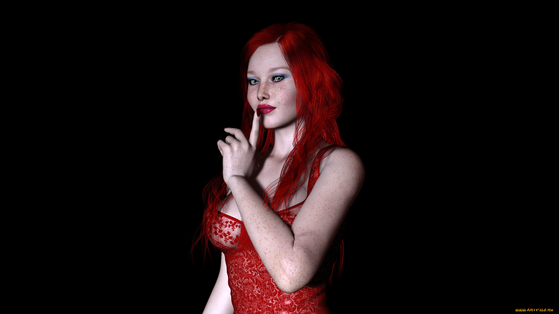 3д, графика, люди, , people, девушка, взгляд, фон, рыжая, оружие