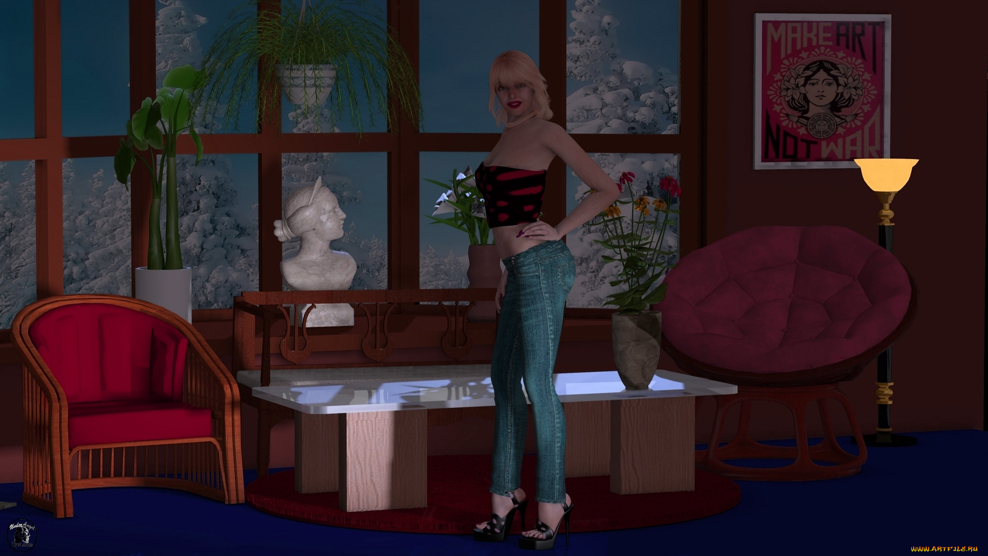 3д, графика, люди, , people, девушки, взгляд, стол, светильник, окно, цветы, картина, стулья, бюст