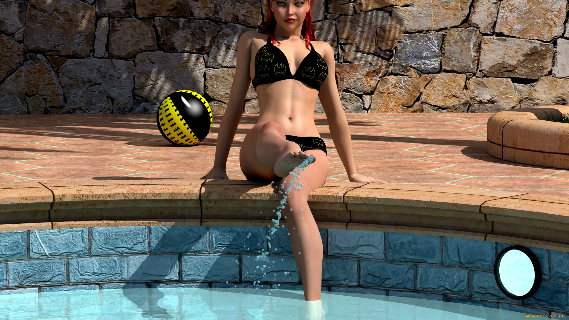 3д, графика, люди, , people, фон, девушка, взгляд, рыжая, бассейн, забор, брызги, улыбка