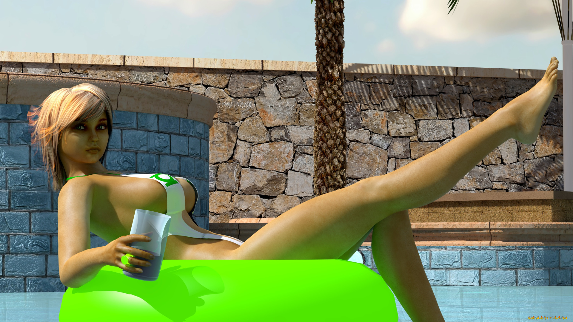 3д, графика, люди, , people, фон, взгляд, забор, облака, небо, бассейн, напиток, девушка