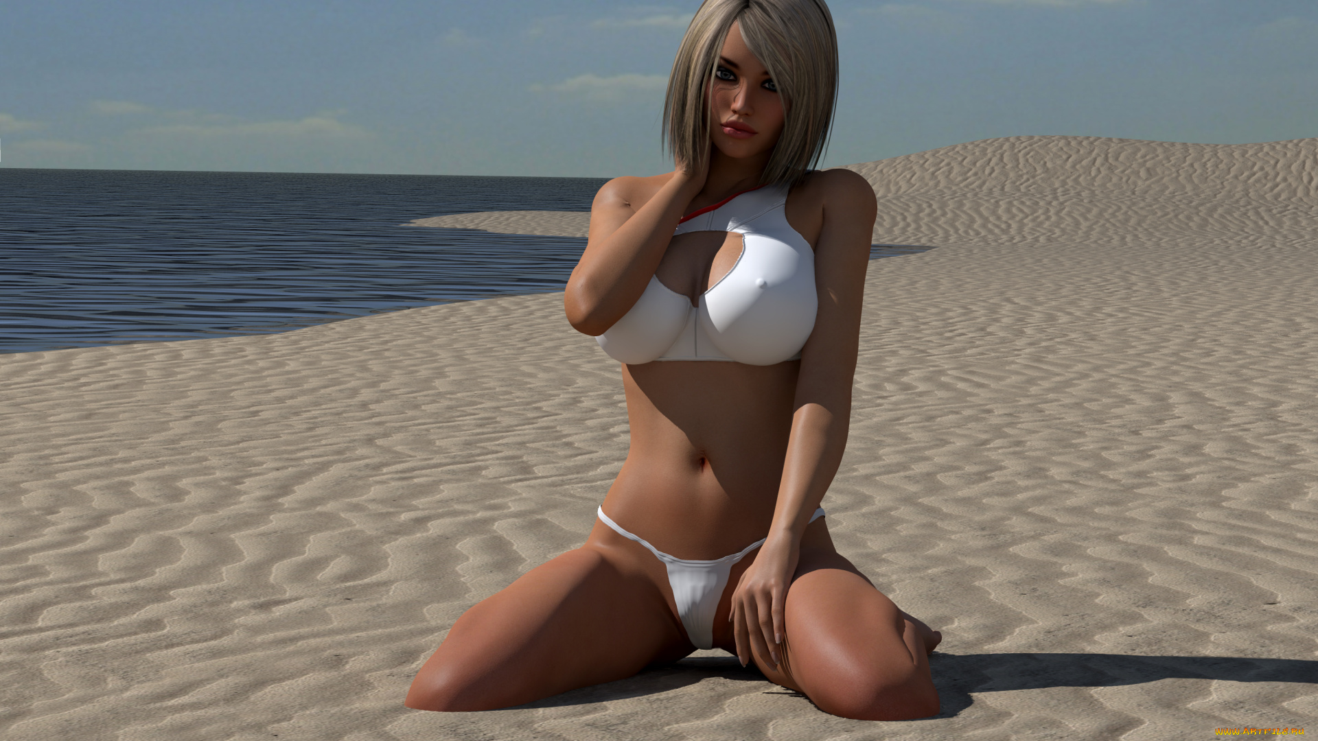 3д, графика, люди, , people, море, пляж, песок, фон, взгляд, девушка