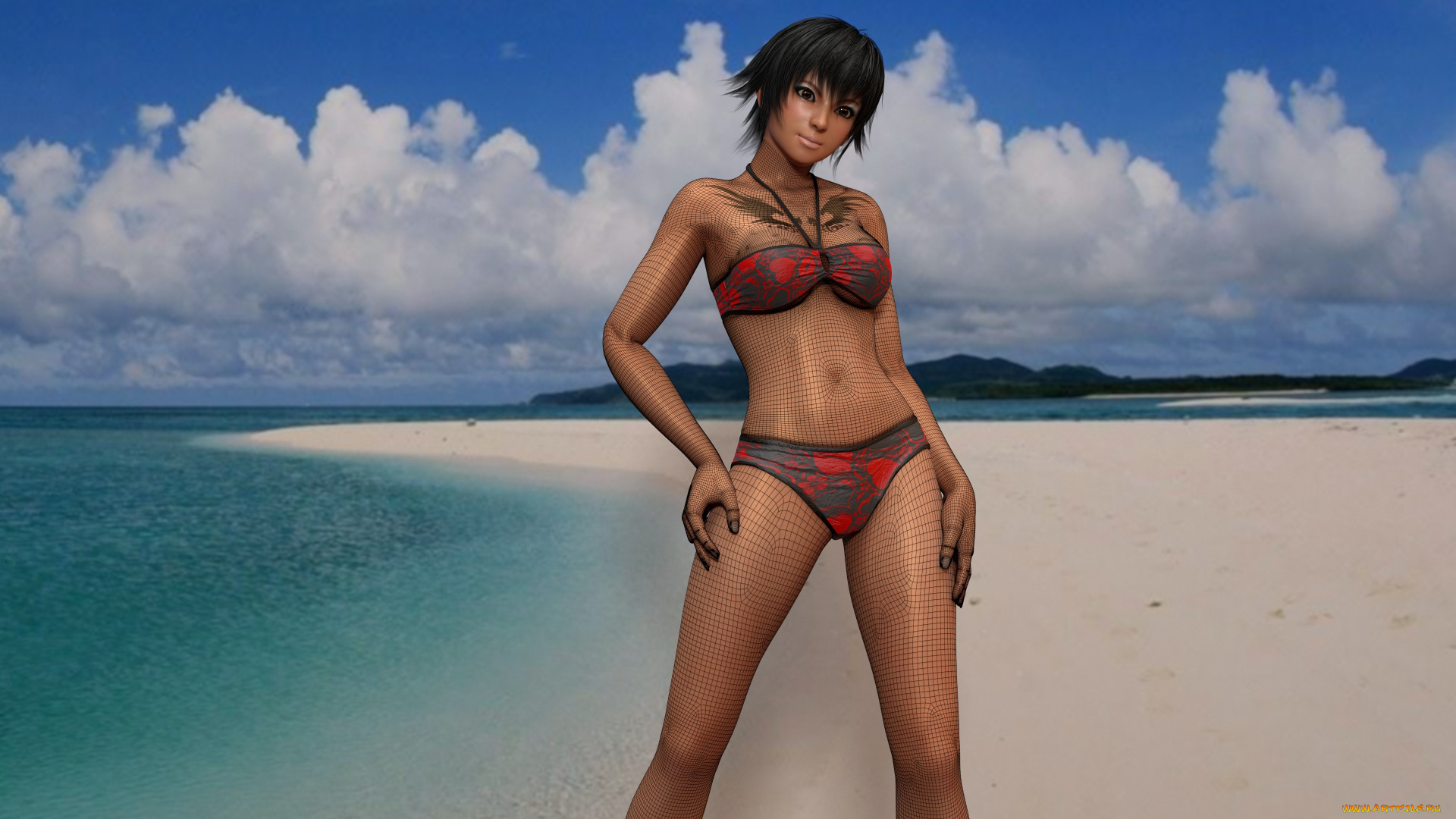 3д, графика, люди, , people, облака, небо, пляж, песок, фон, взгляд, девушка