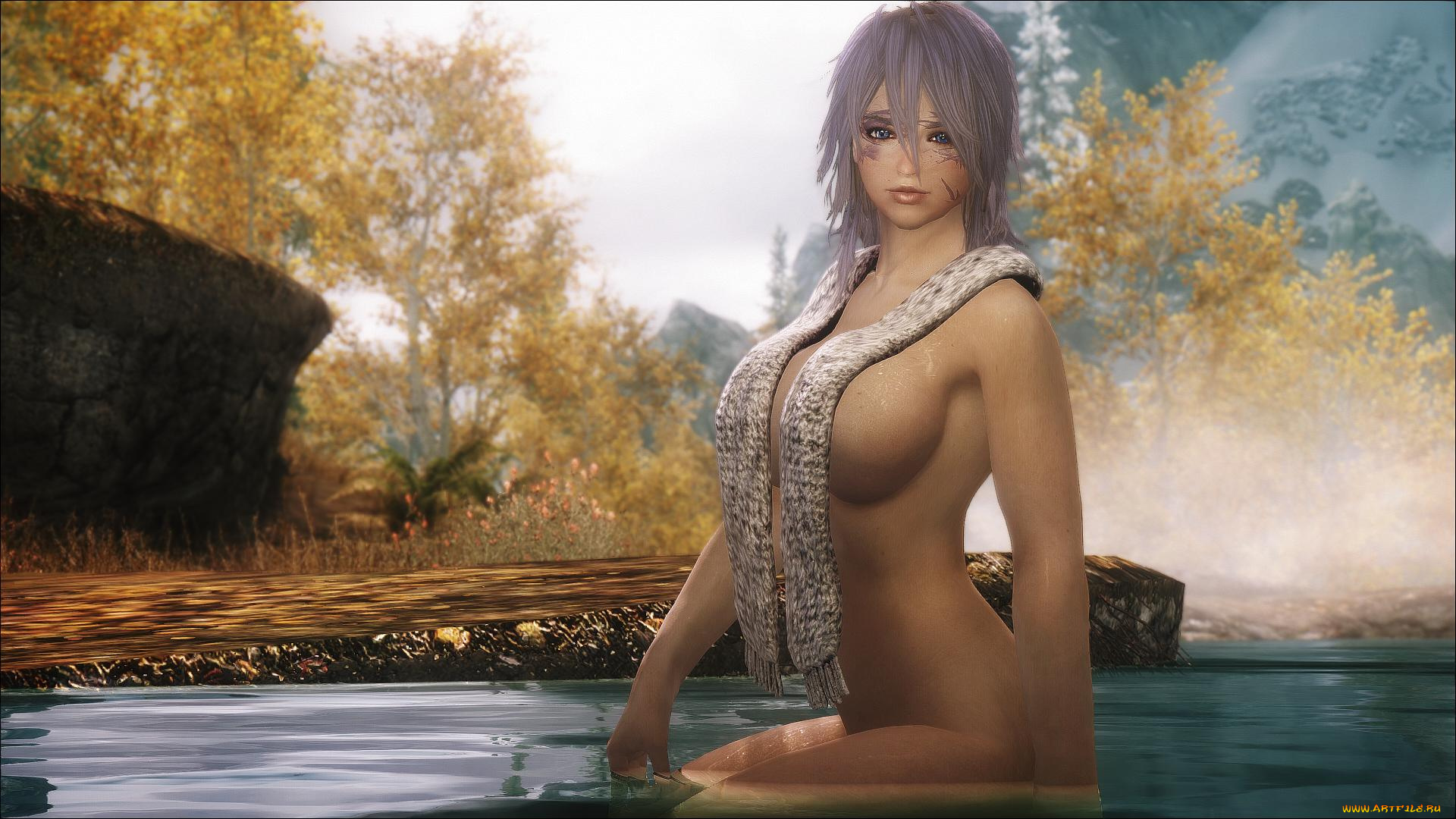 3д, графика, люди, , people, вода, природа, шарф, фон, взгляд, девушка