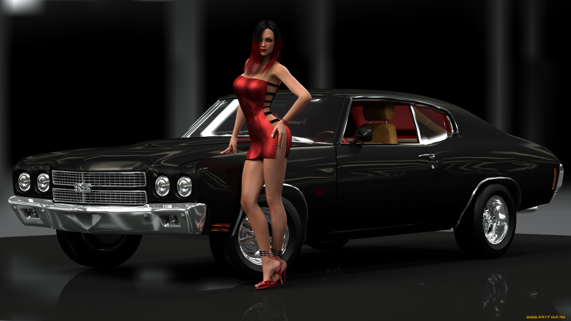 автомобили, 3d, car&girl, фон, автомобиль, взгляд, девушка
