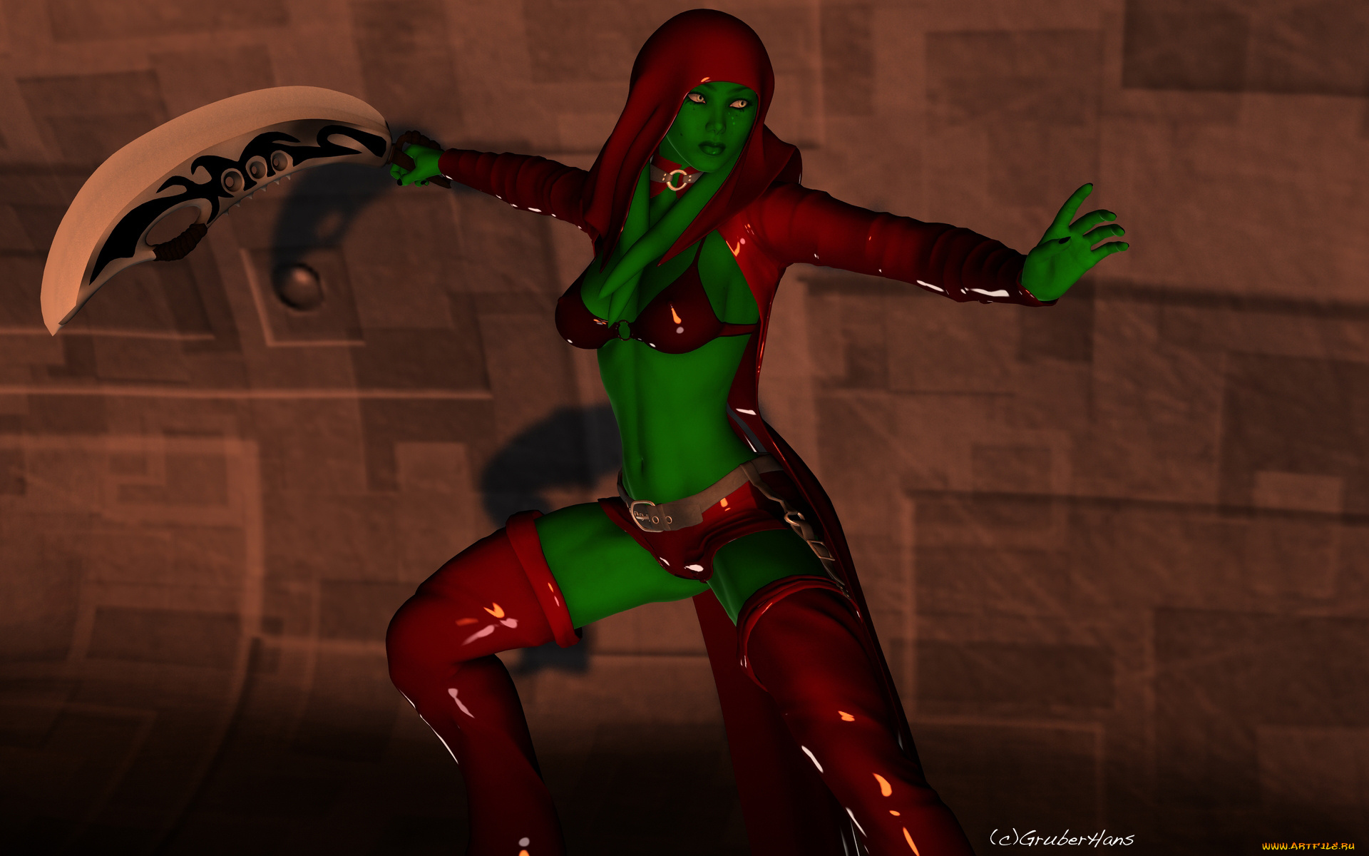 3д, графика, существа, , creatures, фон, взгляд, халк, поза, стена, оружие