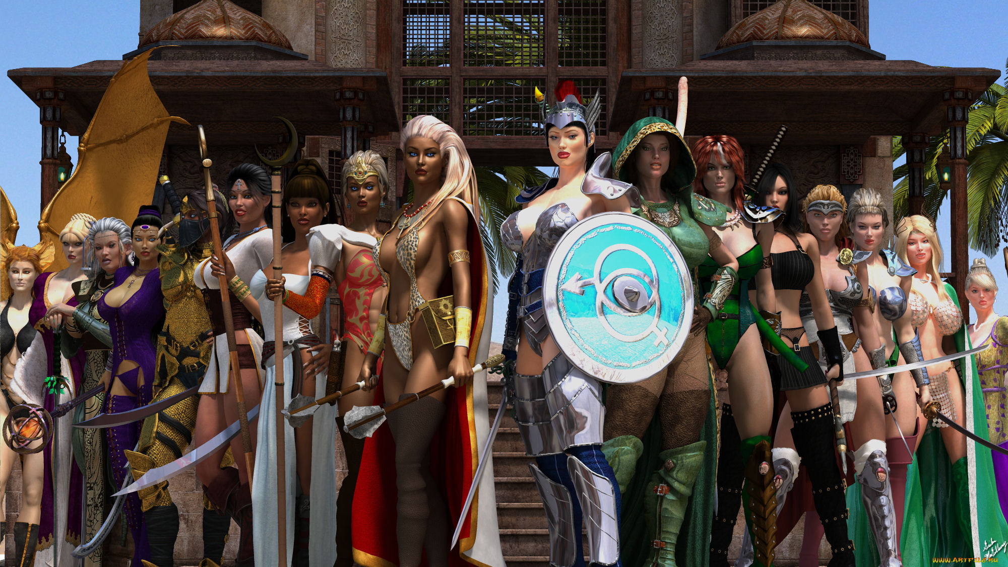 3д, графика, амазонки, , amazon, взгляд, девушки, лестница, дворец, оружие