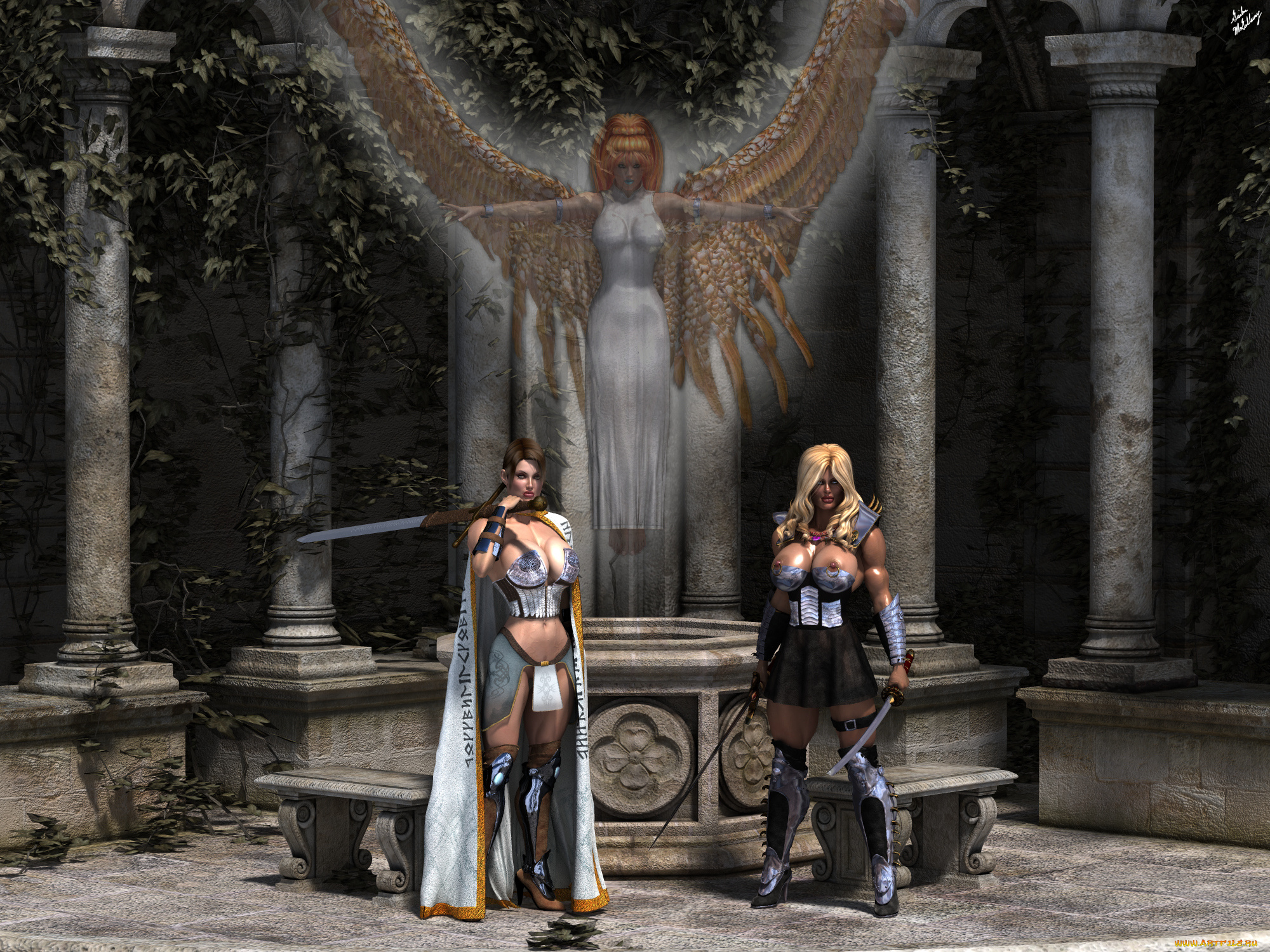 3д, графика, амазонки, , amazon, колоны, ангел, оружие, фон, взгляд, девушки