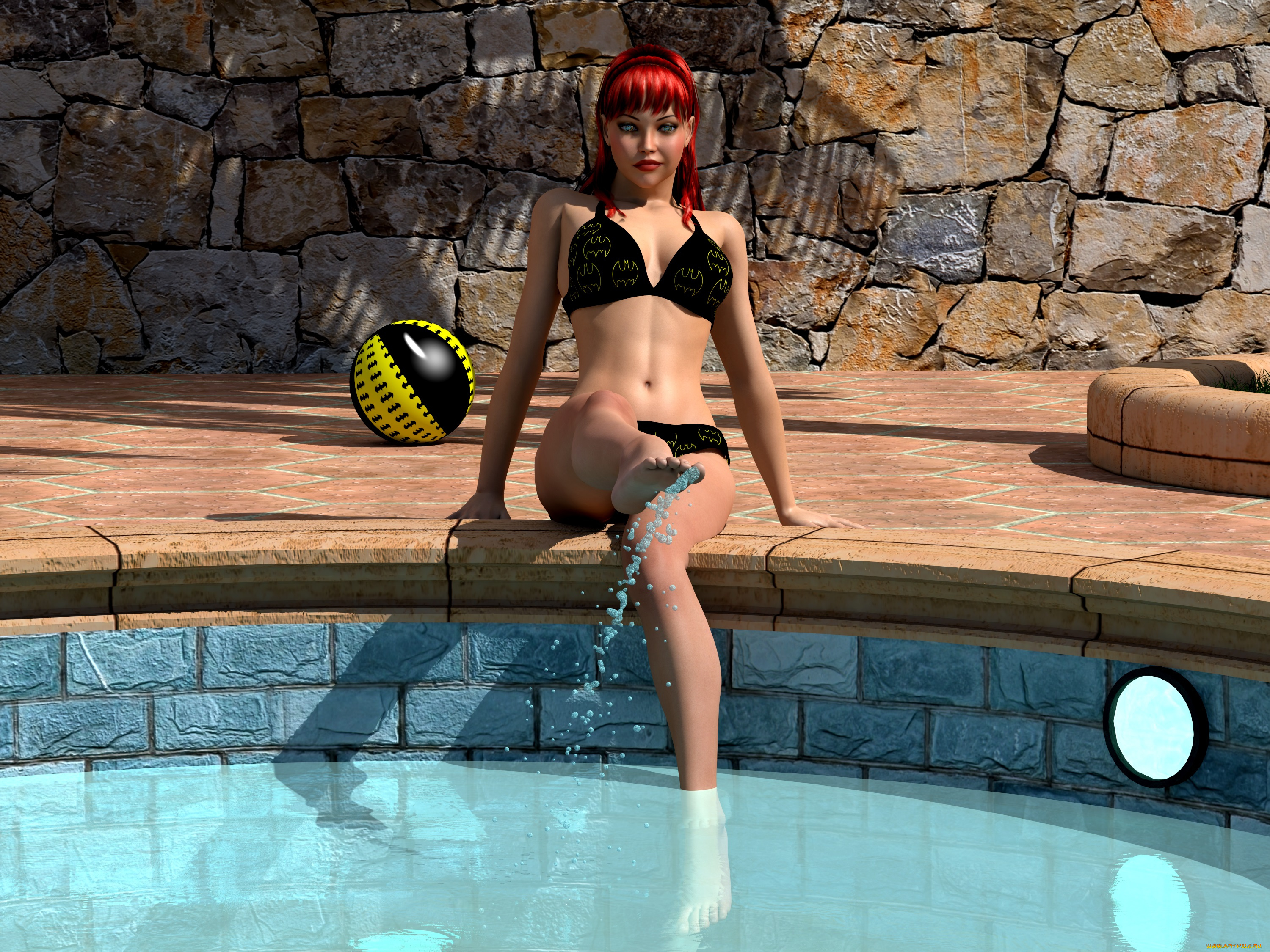 3д, графика, люди, , people, фон, девушка, взгляд, рыжая, бассейн, забор, брызги, улыбка