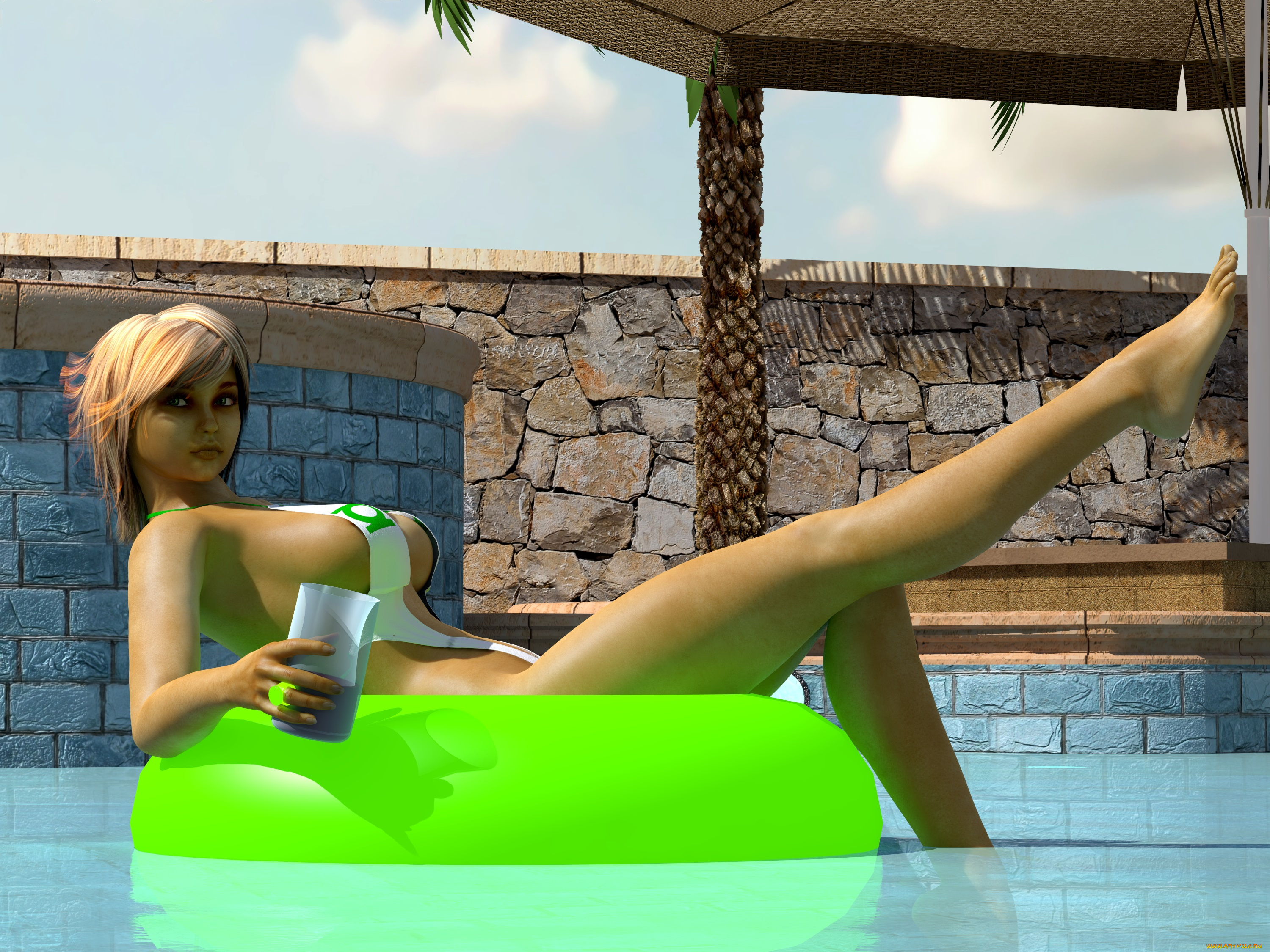 3д, графика, люди, , people, фон, взгляд, забор, облака, небо, бассейн, напиток, девушка