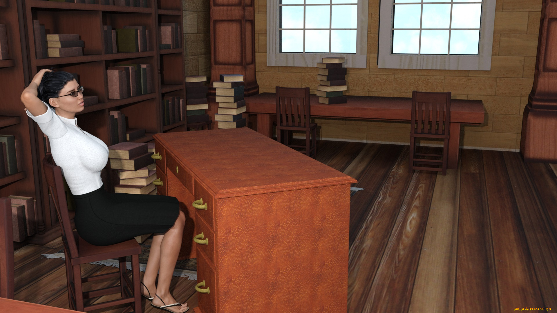 3д, графика, люди, , people, библиотека, стол, фон, взгляд, девушка