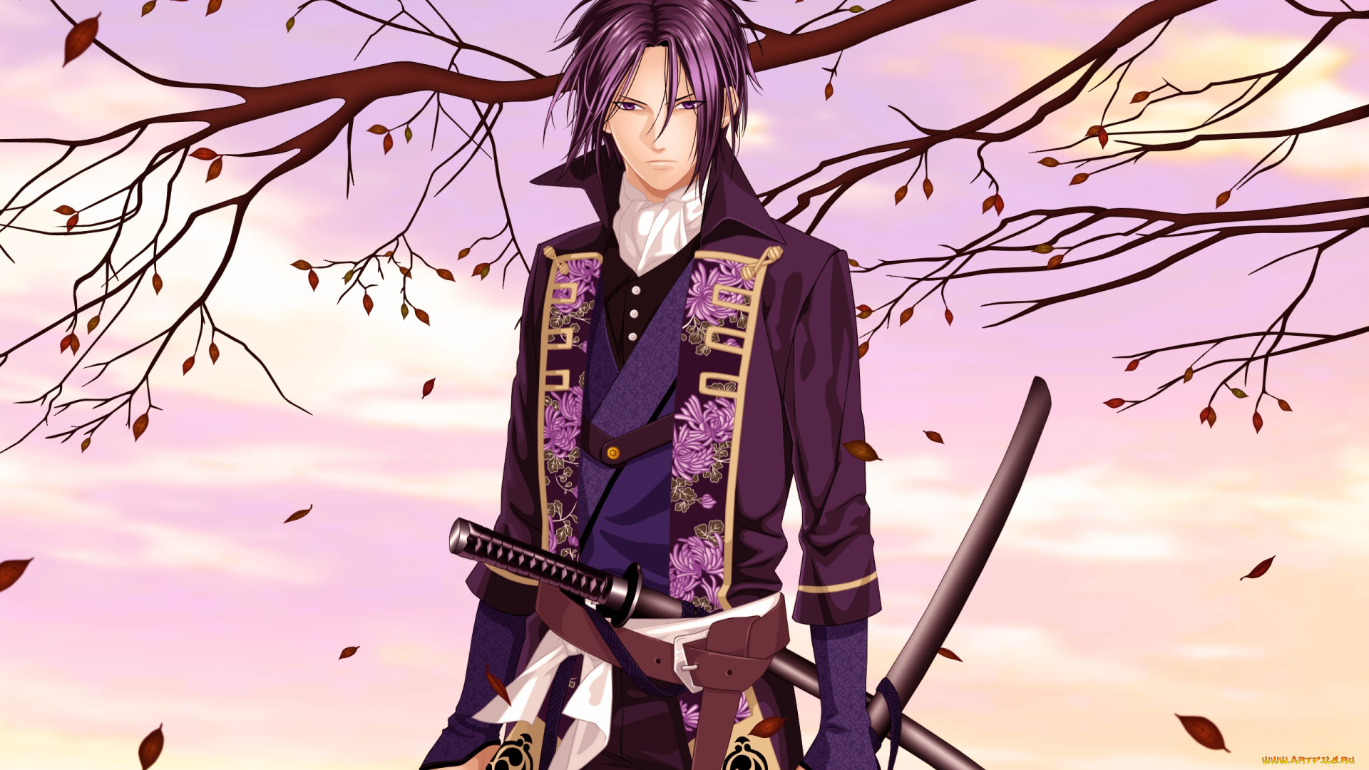 аниме, hakuoki, парень, закат, меч, ветки, hakuouki