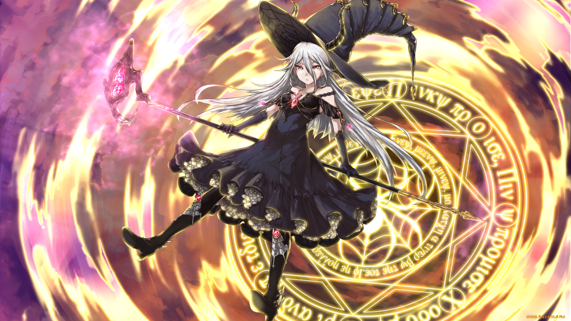 аниме, магия, , колдовство, , halloween, рога, девушка, арт, shindako, пентограмма, посох