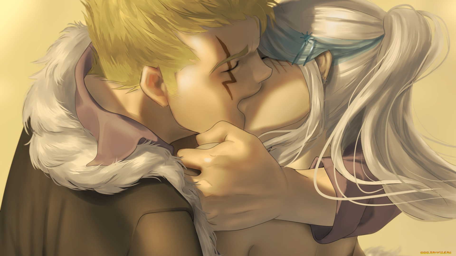 аниме, one, piece, поцелуй, девушка, парень, арт, объятия