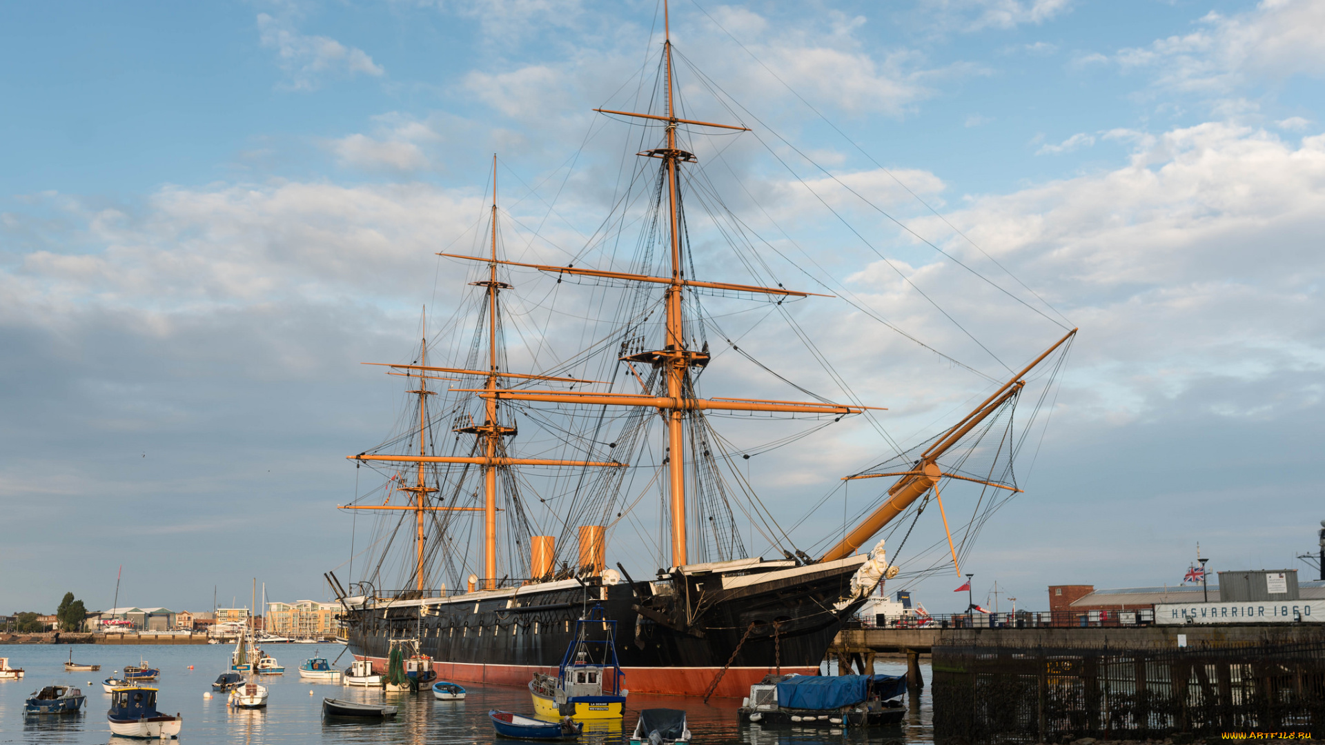 корабли, парусники, причал, мачты