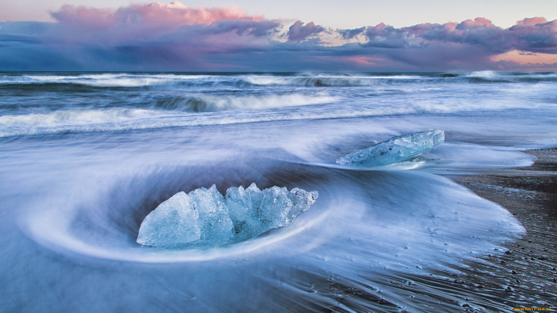 природа, побережье, берег, море, волны, шторм, лед, облака, небо