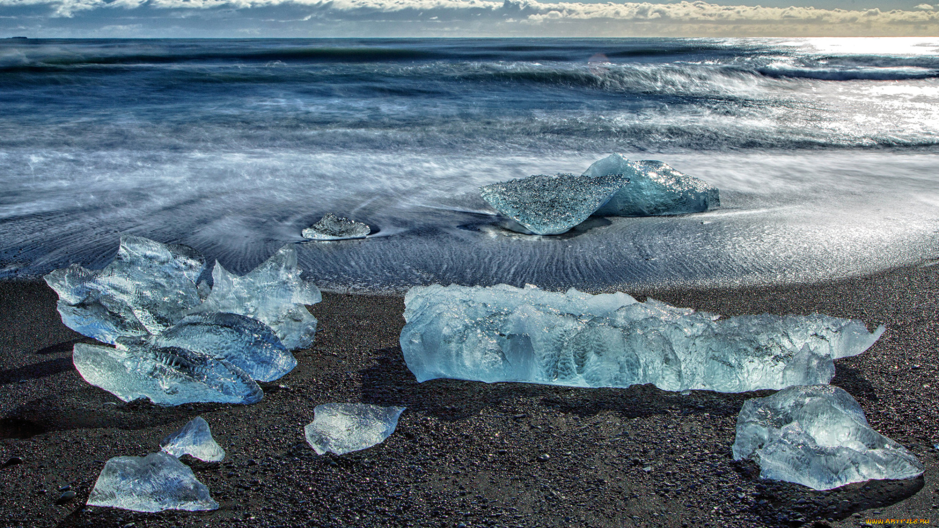 природа, побережье, небо, море, волны, облака, берег, лед