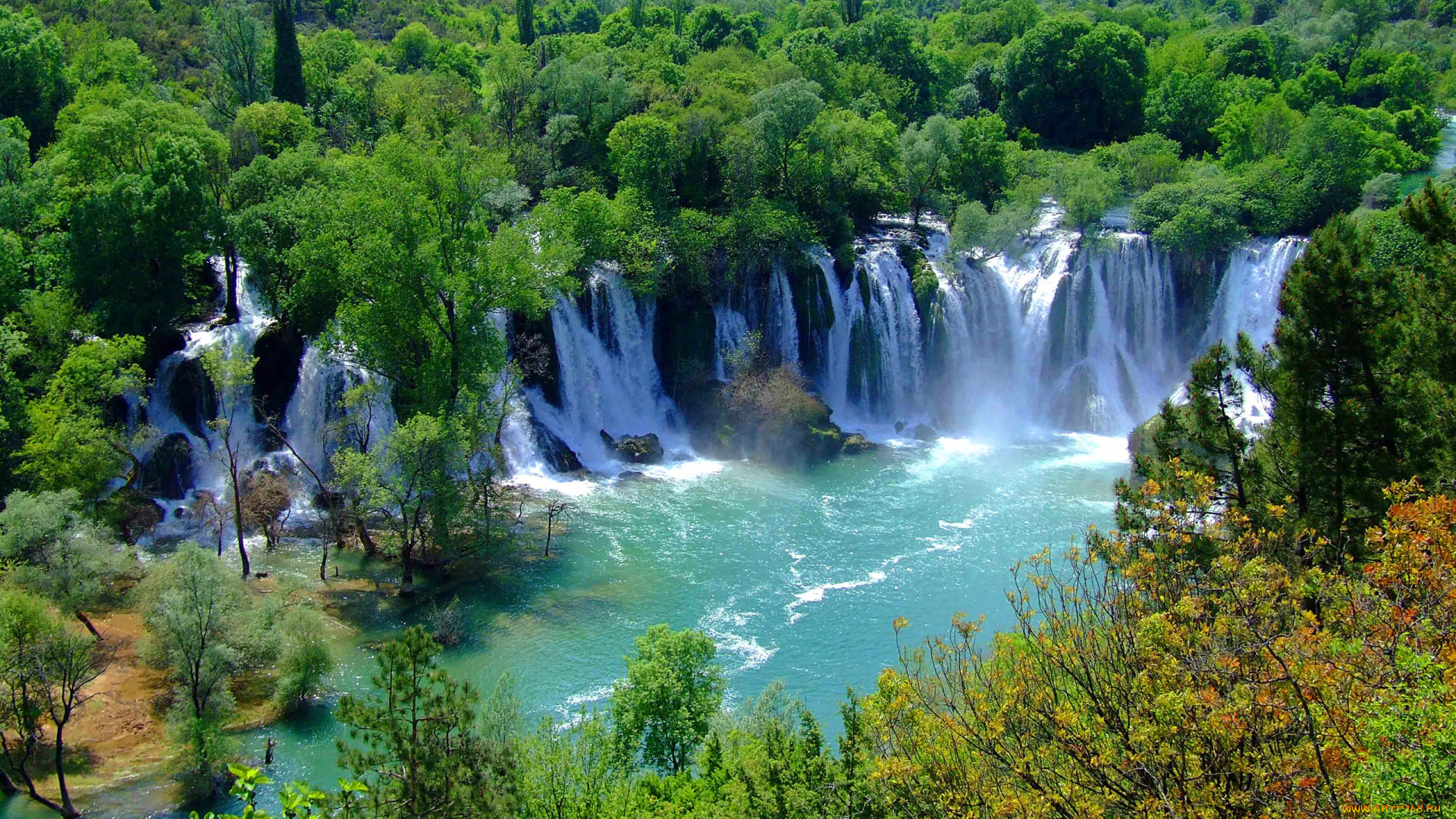 природа, водопады, лес, водопад, деревья, река