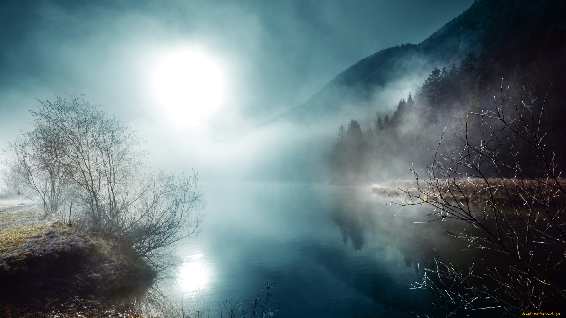 природа, восходы, закаты, луна, ночь, река, туман