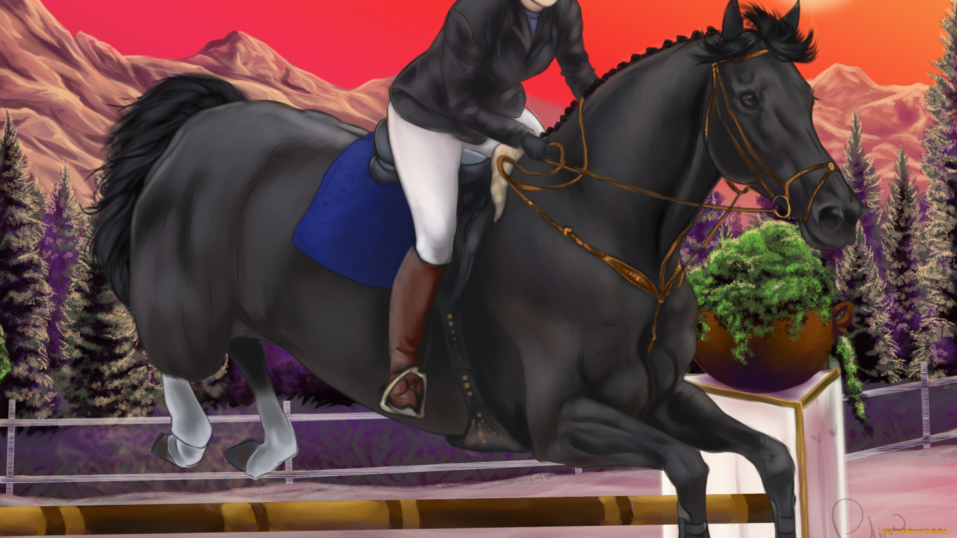 рисованное, животные, , лошади, прыжок, жокей, лошадь, фон, взгляд, девушка