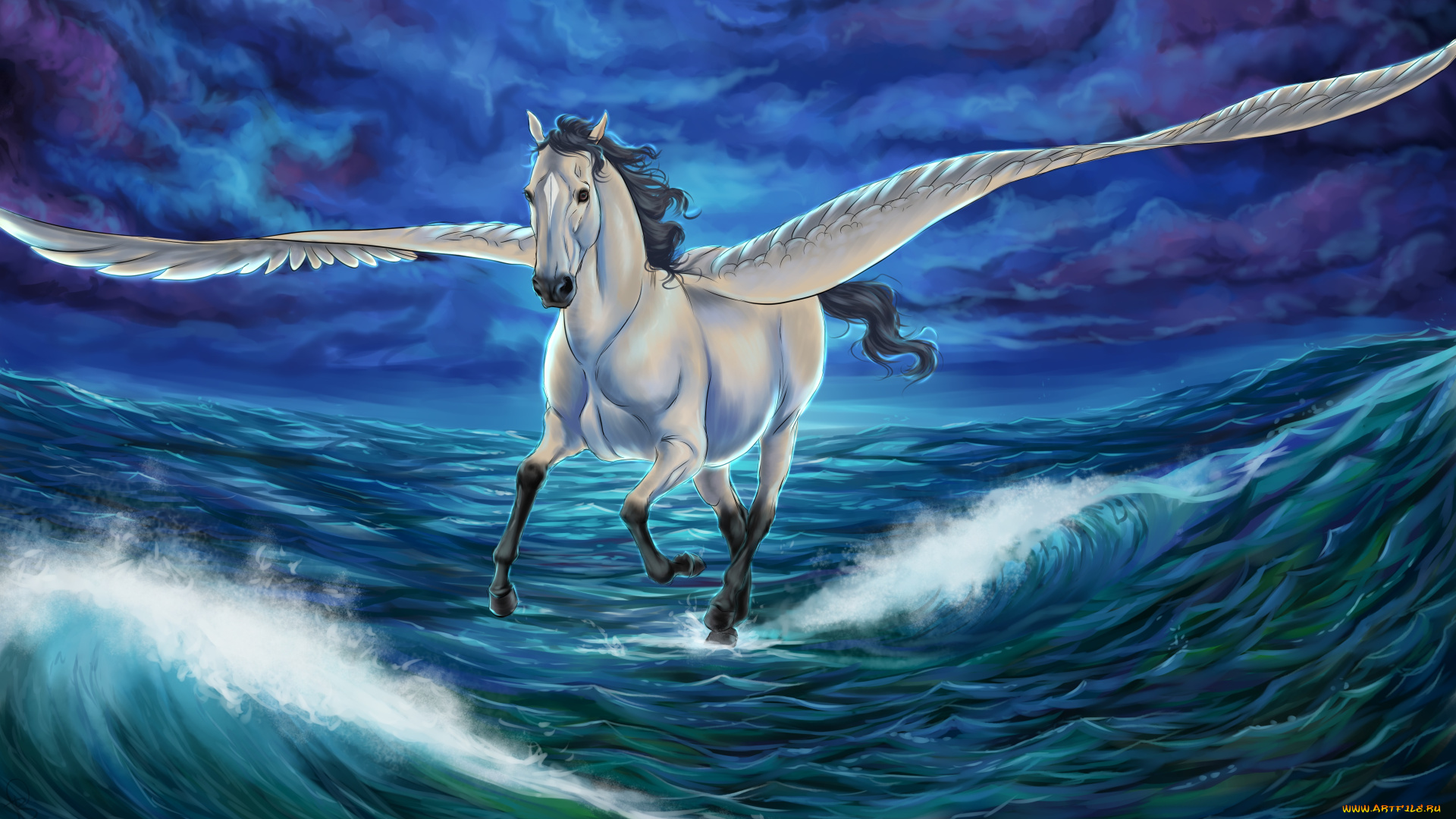 рисованное, животные, , сказочные, , мифические, пегас, волны, море