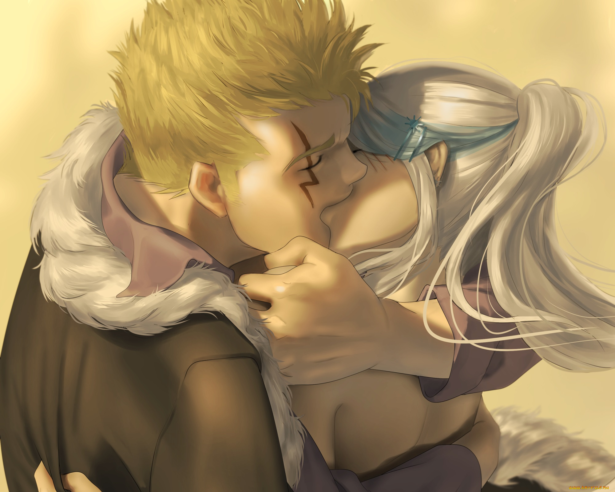 аниме, one, piece, поцелуй, девушка, парень, арт, объятия