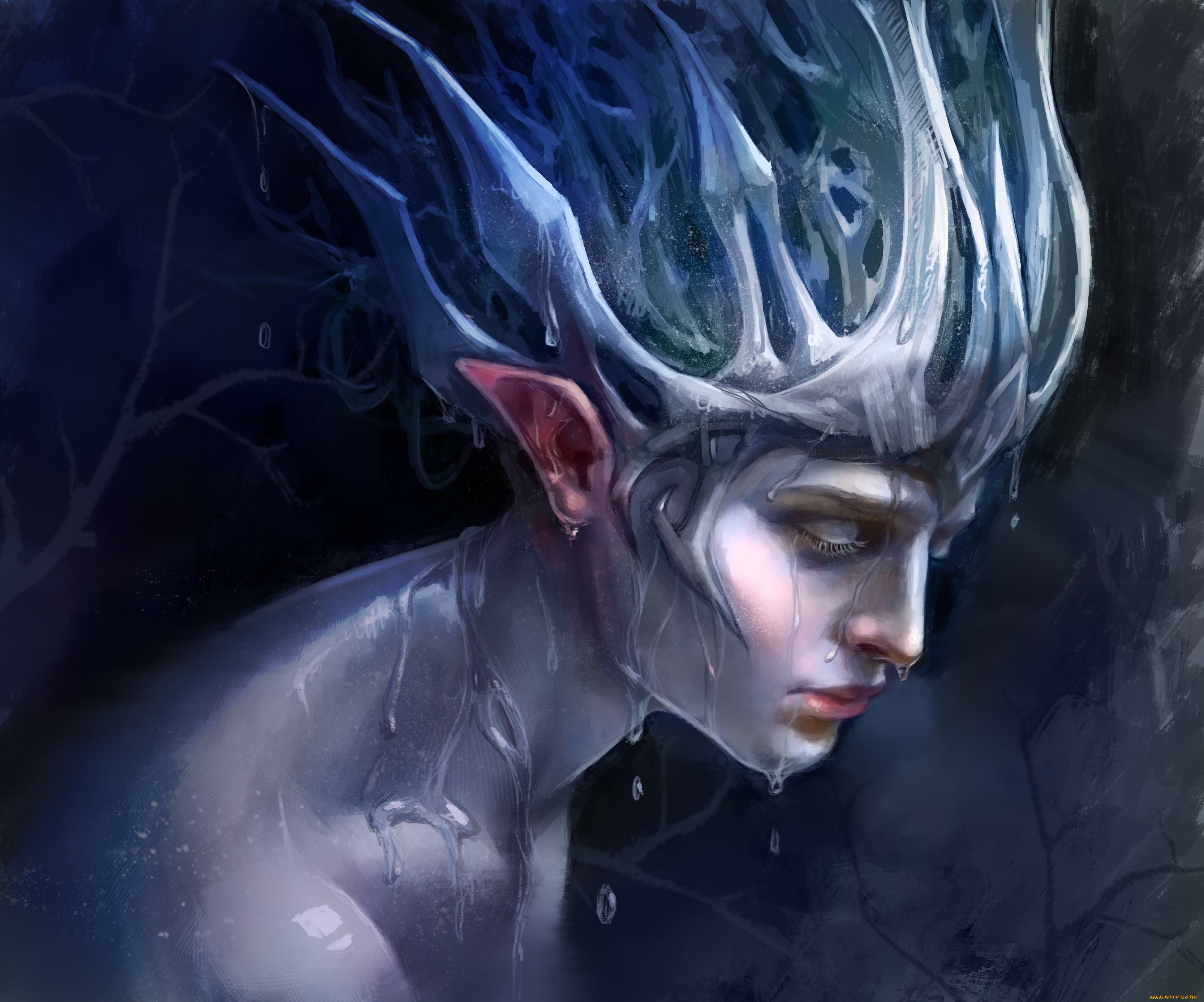 фэнтези, существа, капли, профиль, вода, существо, эльф, фантастика, уши