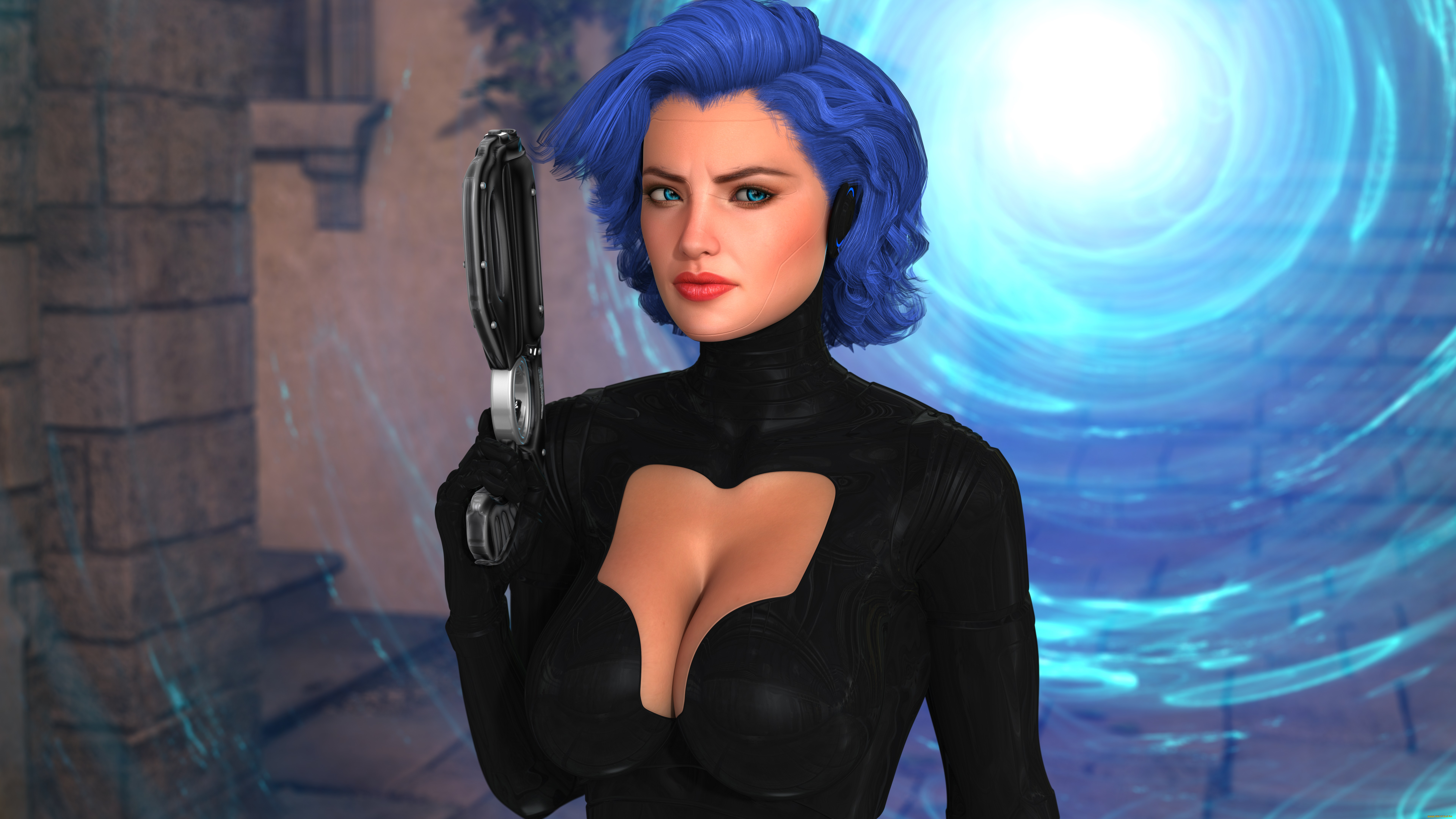 3д, графика, фантазия, , fantasy, фон, девушка, оружие, взгляд