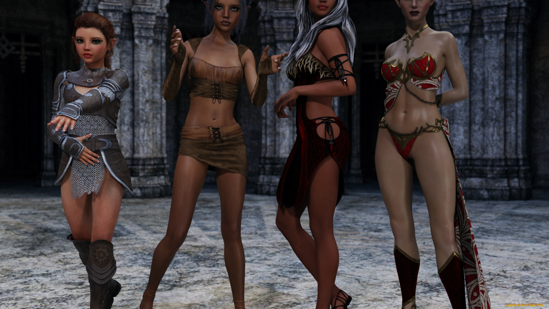 3д, графика, эльфы, , elves, эльфийки, взгляд, фон