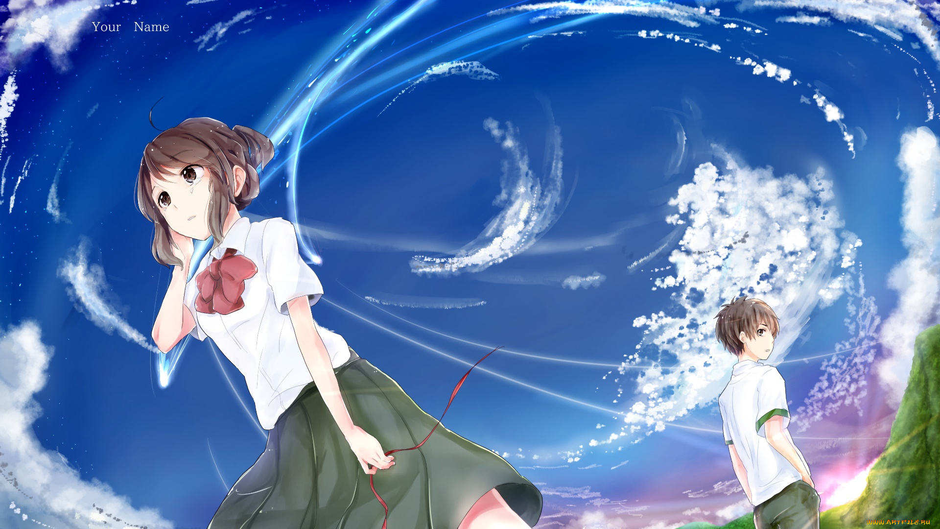 аниме, kimi, no, na, wa, фон, взгляд, девушка, парень
