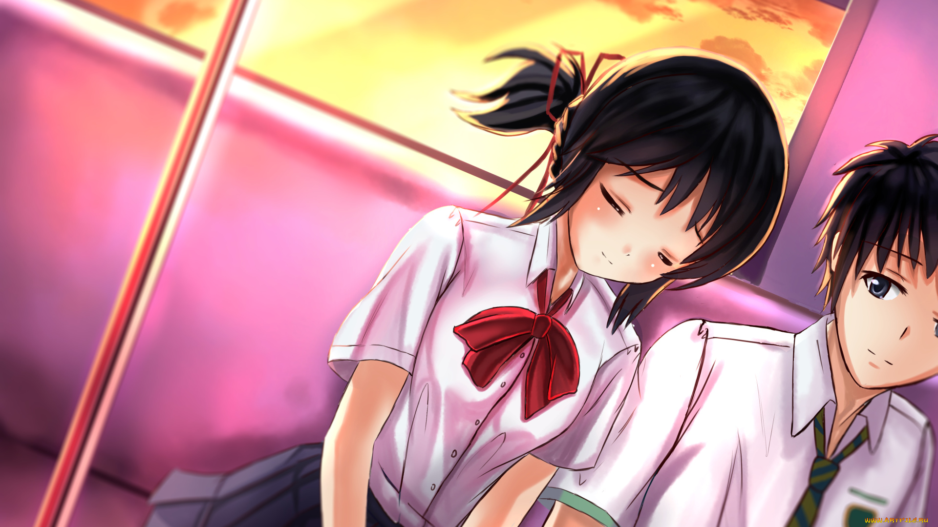 аниме, kimi, no, na, wa, парень, фон, взгляд, девушка