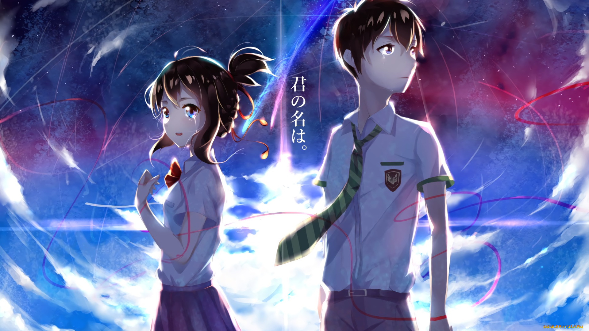 аниме, kimi, no, na, wa, парень, фон, взгляд, девушка