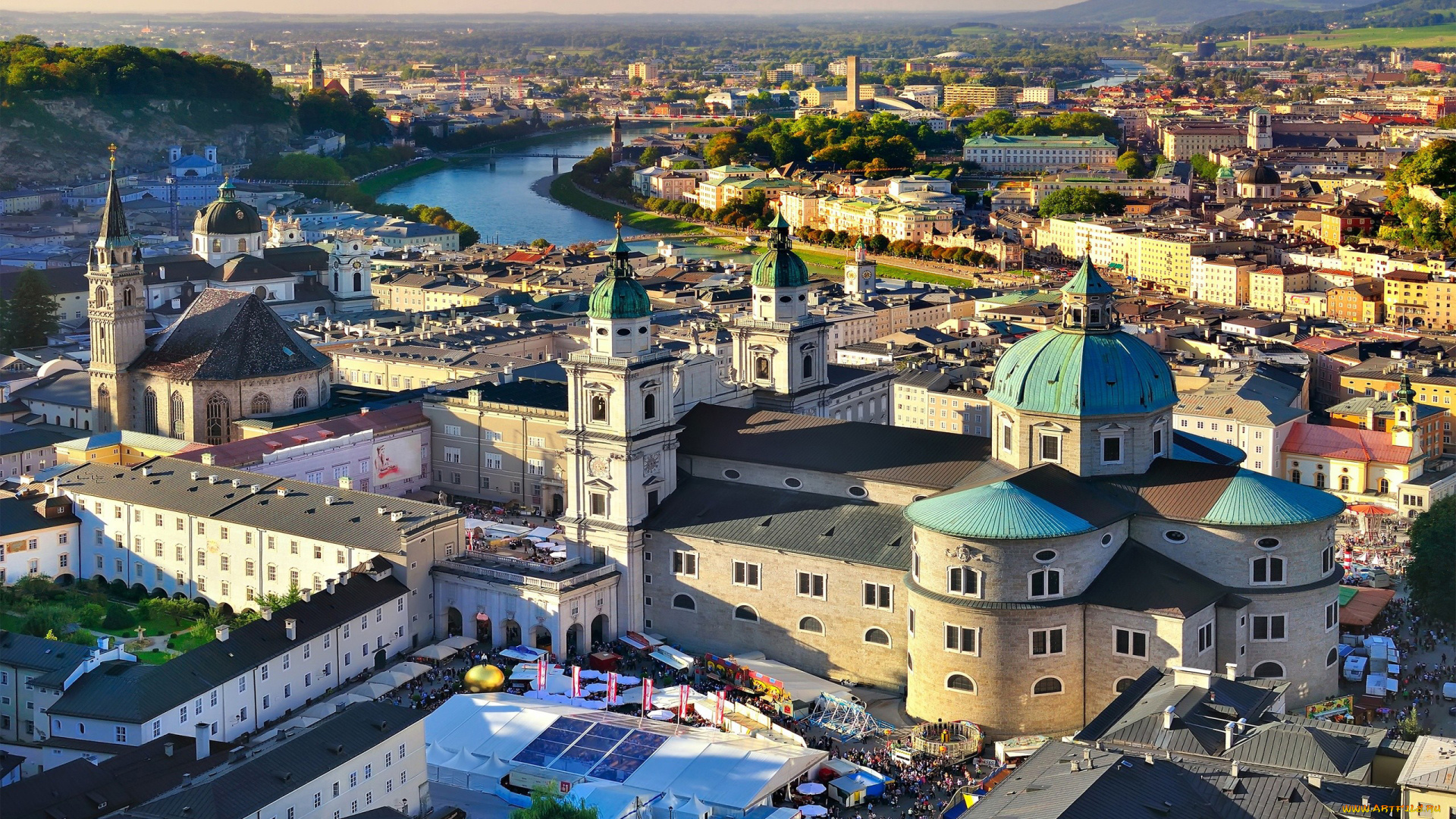 города, зальцбург, , австрия, панорама, река