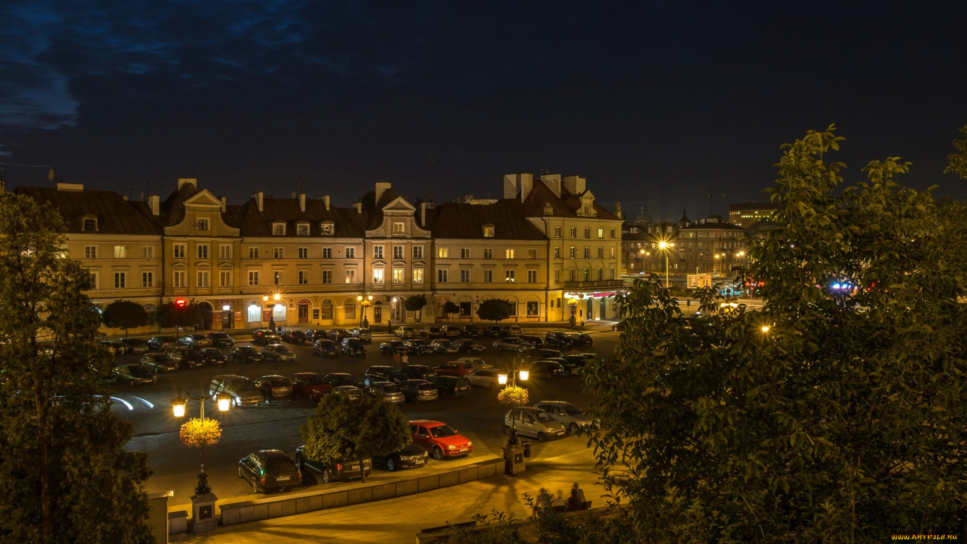 люблин, города, -, огни, ночного, города, вечер, дворец, автомобили