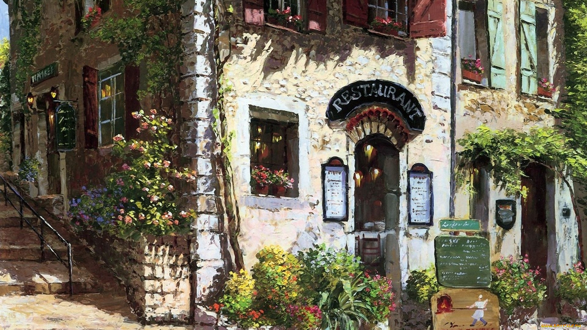 restaurant, , sung, sam, park, рисованное, живопись, дома, улица, город, ступени, цветы, ресторан, здания