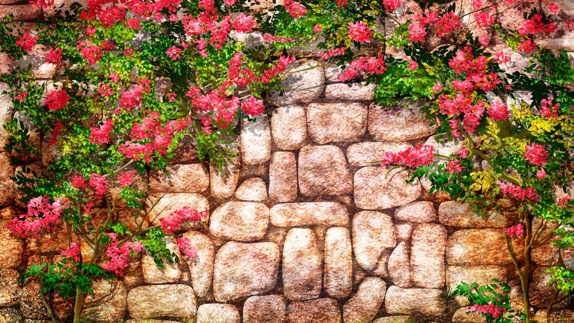 рисованное, цветы, арка, стена