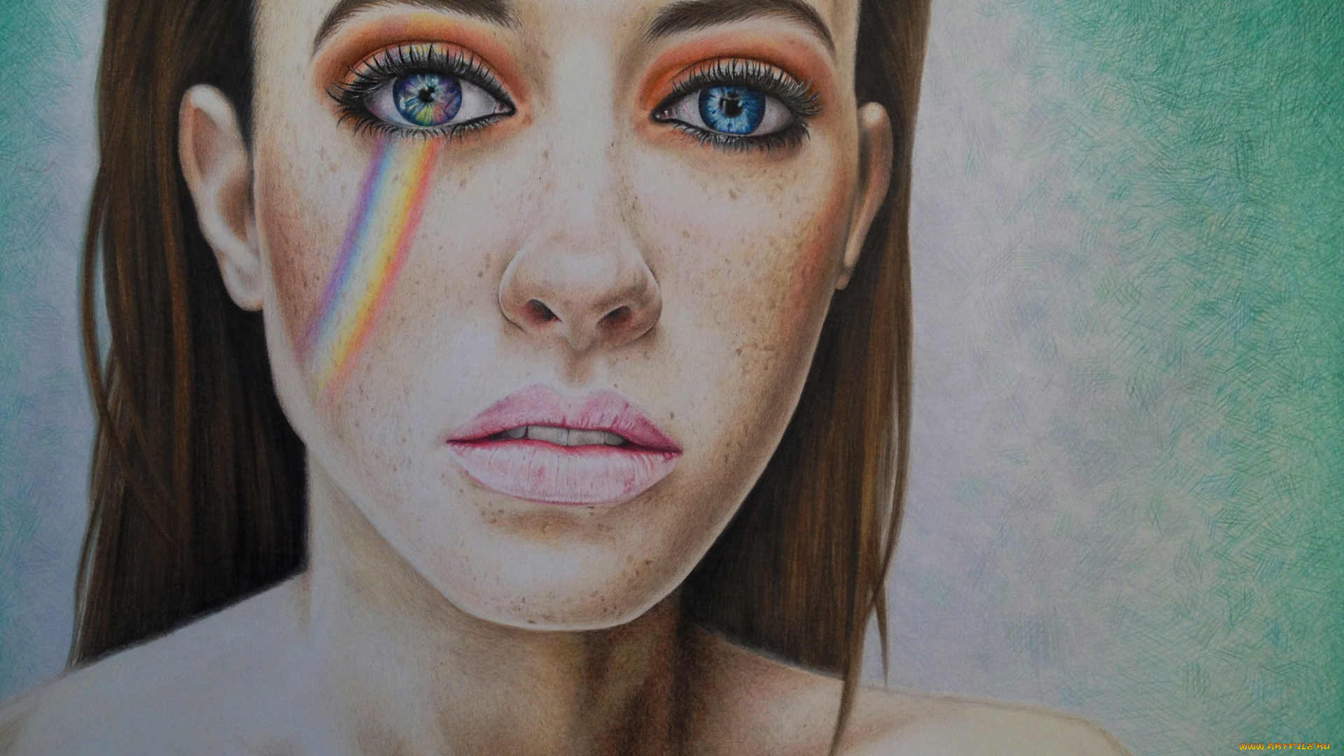 рисованное, люди, фон, взгляд, радуга, девушка